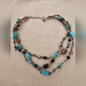 Turquoise and Bronze Multi-Strand Beaded Necklace